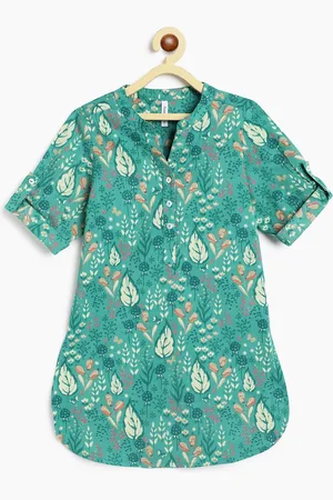 Campana Girls Floral Printed V-Neck Roll Up Sleeves Pure Cotton Straight Kurta