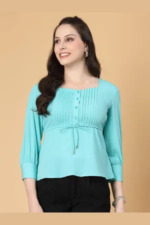 RAASSIO Solid Square Neck Cuffed Slevees Top