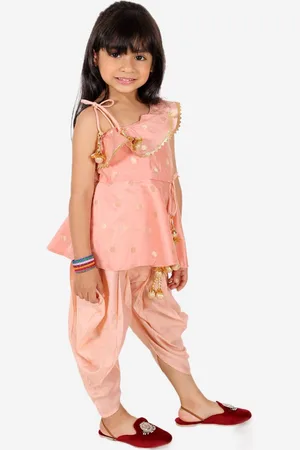 BownBee Girls Geometric Woven Design Regular Gotta Patti A-Line Kurti With Dhoti Pants