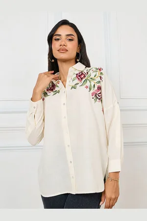 Styli Off White Oversized Embroidered Roll-Up Sleeves Cotton Casual Shirt