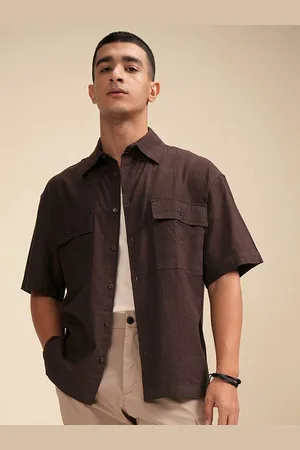 Highlander Men Choco Reg Collar Half Sleeve Double Pkt Oversized Shirt