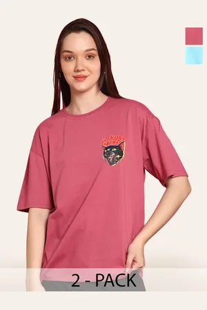 Fabflee Women Pack Of 2 Graphic Printed Round Neck Cotton Oversized T-shirt