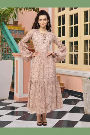 MISS AYSE Women Floral Printed Puff Sleeves Tie Up Neck Maxi Dress