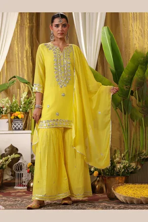 SCAKHI Floral Embroidered Pure Cotton Straight Kurta & Sharara With Dupatta