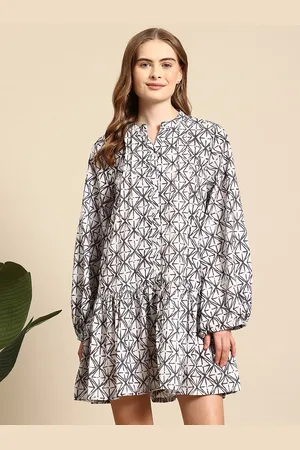 Mast & Harbour Printed Puff Sleeves Tiered A-Line Mini Dress