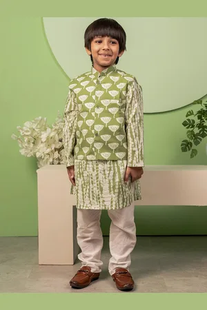 Biglilpeople Boys Printed Regular Pure Cotton Straight Kurta With Pyjamas & Jacket