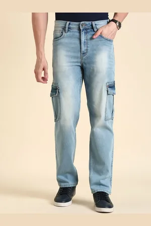 Mast & Harbour Men Blue Straight Fit Clean Look Heavy Fade Stretchable Cargo Styles Jeans