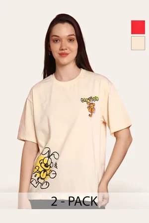 Fabflee Women Pack Of 2 Graphic Printed Round Neck Cotton Oversized T-shirt