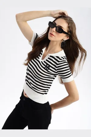 SHOWOFF Women Horizontal Striped Shirt Collar Acrylic Top