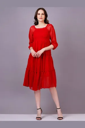 JC4U Women Puff Sleeve Empire Midi Dress