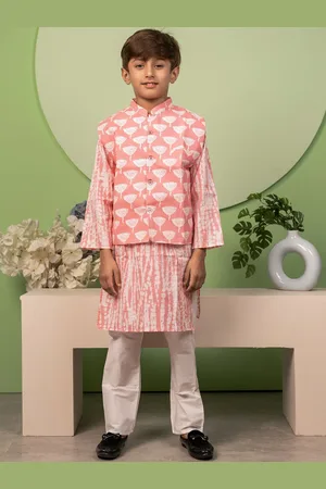 Biglilpeople Boys Printed Regular Pure Cotton Straight Kurta With Pyjamas & Jacket