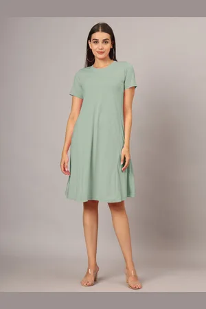 BRINN Women Solid Round Neck Cotton Above Knee A-Line Dress