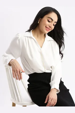 SHOWOFF Women Solid Shirt Collar Satin Top