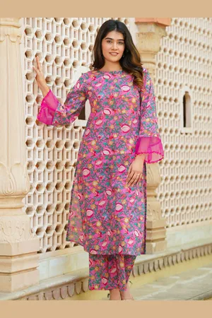 Ambraee Floral Printed Boat Neck Bell Sleeves Regular Straight Kurta With Trousers