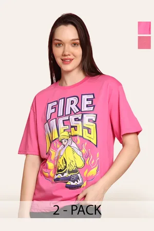 Fabflee Women Pack Of 2 Graphic Printed Round Neck Cotton Oversized T-shirt