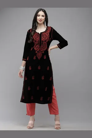 ADAM Co. Floral Embroidered Notched Neck Lucknowi Chikankari Cotton Straight Kurta