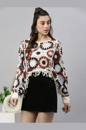 SHOWOFF Women Self Design Chrochet Round Neck Acrylic Top