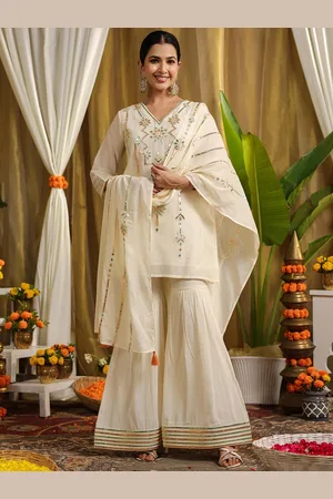 SCAKHI Floral Embroidered Pure Cotton Straight Kurta & Sharara With Dupatta