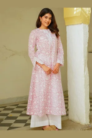 Ambraee Floral Printed Round Neck Regular Pure Cotton Anarkali Kurta With Palazzos