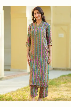 Ambraee Geometric Printed V-Neck Regular Straight Kurta With Trousers
