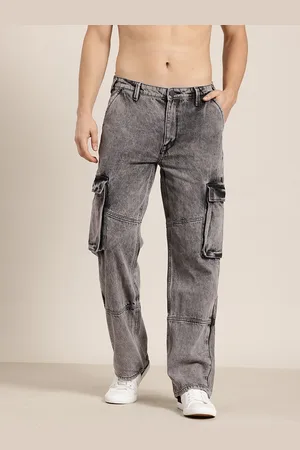HERE&NOW Men Relaxed Cargo Style Light Fade Pure Cotton Jeans