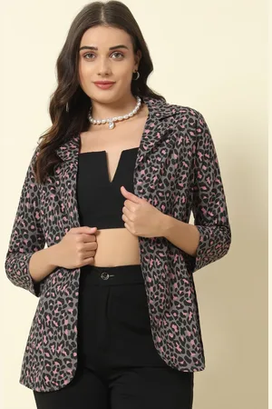 HERE&NOW Printed Notched Lapel Cotton Slim-Fit Open Front Blazer