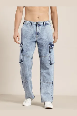 HERE&NOW Men Relaxed Cargo Style Light Fade Pure Cotton Jeans