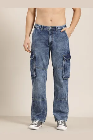 HERE&NOW Men Relaxed Fit Cargo Style Light Fade Pure Cotton Jeans