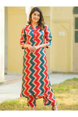 Ambraee Chevron Printed Mandarin Collar Regular Straight Kurta With Palazzos