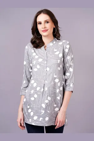 JC4U Women Floral Print Mandarin Collar Shirt Style Longline Top