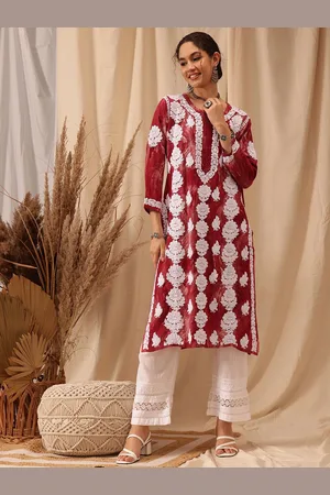 ADAM Co. Floral Embroidered Notched Neck Chikankari Straight Kurta
