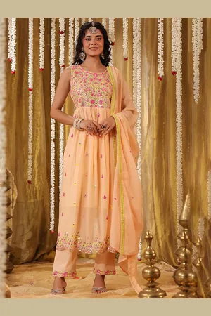 SCAKHI Floral Embroidered Pure Cotton Anarkali Kurta & Trousers With Dupatta