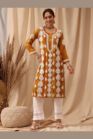 ADAM Co. Floral Embroidered Notched Neck Chikankari Straight Kurta
