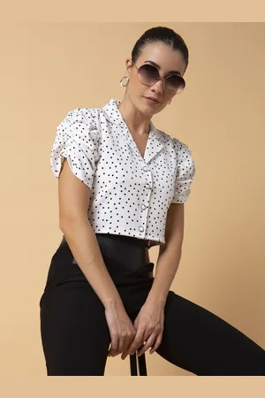 SHOWOFF Women Polka Dots Printed Lapel Collar Cotton Top