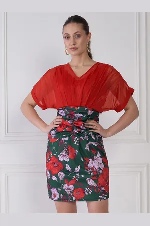 Antheaa Red & Green Floral Print V-Neck Extended Sleeves Chiffon Sheath Dress