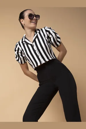 SHOWOFF Women Vertical Striped Lapel Collar Cotton Top