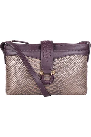 Hidesign Taupe 7 Purple Snakeskin Textured Leather Structured Sling Bag