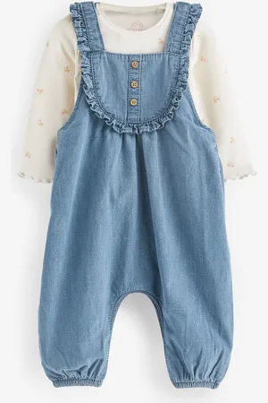 Next Infants Girls Denim Dungarees with Printed Bodysuit
