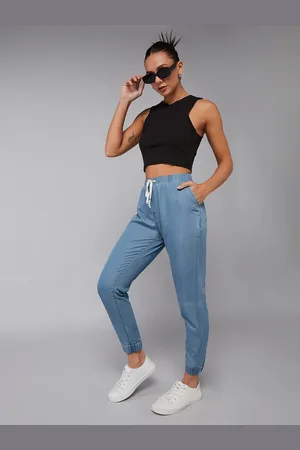 DOLCE CRUDO Women Lightweight Regular Fit Mid Rise Regular Length Non-Stretchable Denim Joggers