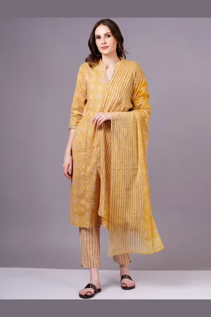 JC4U Floral Printed Mandarin Collar Pure Cotton Straight Kurta With Trousers & Dupatta