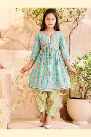 Aarika Girls Floral Printed A-Line Gotta Patti Pure Cotton Kurta with Patiala