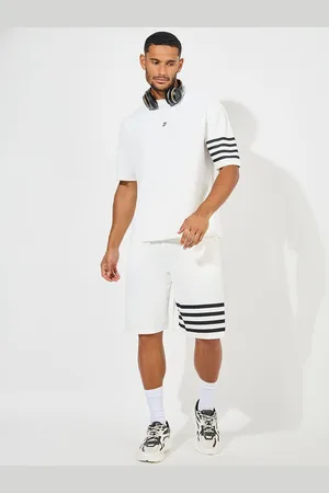 Styli Men Pique Knit Striped Oversized Tee & Shorts Co Ord Set