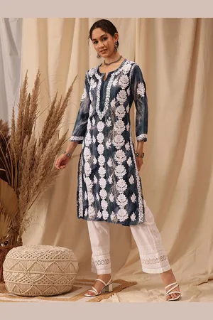ADAM Co. Floral Embroidered Notched Neck Chikankari Straight Kurta