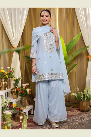 SCAKHI Floral Embroidered Pure Cotton Straight Kurti with Sharara & With Dupatta