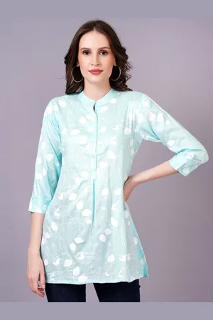 JC4U Women Blue Floral Print Mandarin Collar Shirt Style Longline Top