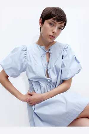 H&M Women Pure Cotton Tie-Detail Puff-Sleeved A-Line Dresses