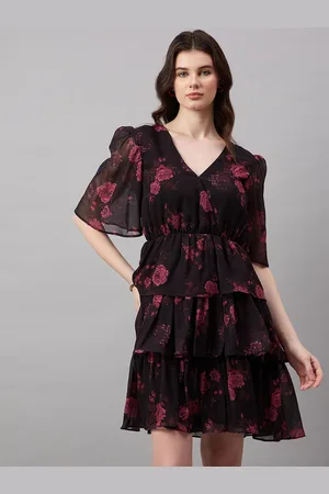 Roadster The Lifestyle Co. Black & Maroon V-Neck Floral Printed Fit & Flare Mini Dress