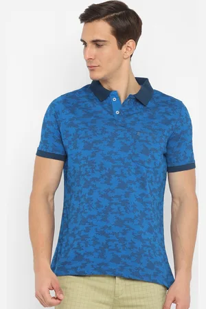 Turtle Men Blue Floral Printed Polo Collar Pure Cotton Slim Fit T-shirt
