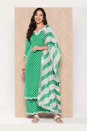 Varanga Bandhani Printed Lace Detailed Straight Kurta with Trousers and Dupatta