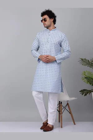 Kraft Floral Embroidered Thread Work Mandarin Collar Regular Kurta with Pyjamas